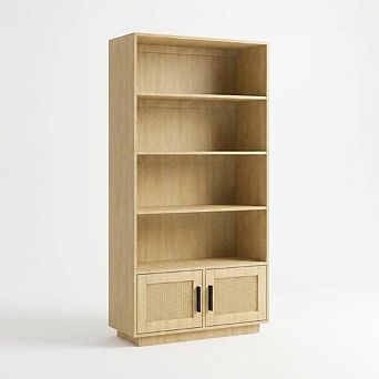 5 tier Bookshelf, Boho Bookcase with Rattan Doors, Wooden Bookcase and Bookshelf with Storage