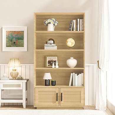 5 Tier Bookshelf, Boho Bookcase with Rattan Doors, Wooden Bookcase and Bookshelf with Storage