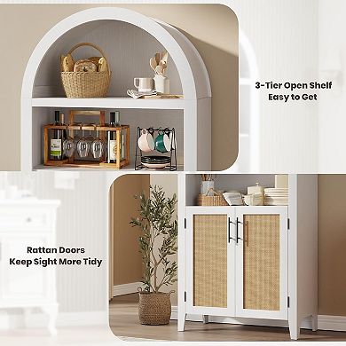 Arched Bookcase with Doors,5 Tier Open Display Shelf with Rattan Decor,Bookshelf Storage Cabinet