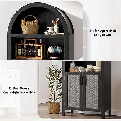 Arched Bookcase with Doors,5 Tier Open Display Shelf with Rattan Decor,Bookshelf Storage Cabinet