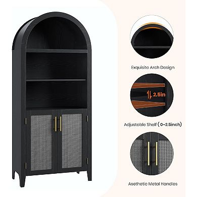 Arched Bookcase with Doors,5 Tier Open Display Shelf with Rattan Decor,Bookshelf Storage Cabinet