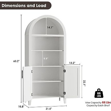 Arched Bookcase with Doors,5 Tier Open Display Shelf with Rattan Decor,Bookshelf Storage Cabinet