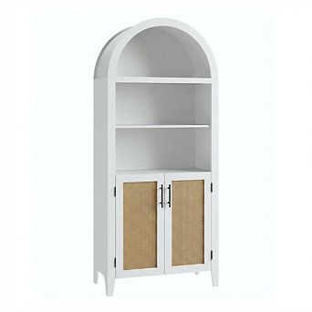 Arched Bookcase with Doors,5 tier Open Display Shelf with Rattan Decor,Bookshelf Storage Cabinet