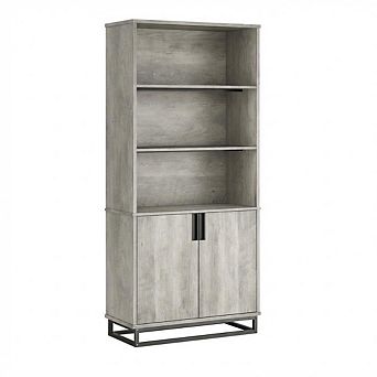 Bookshelf w/Doors&Metal Base,5 tier Bookcase with Cabinet,Adjustable Shelf,Wooden Farmhouse Bookcase