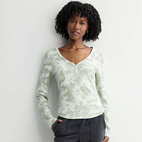 Pink Juniors' Pink Republic Long Sleeve Waffle Henley Top