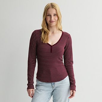 Juniors' Pink Republic Long Sleeve Waffle Henley Top