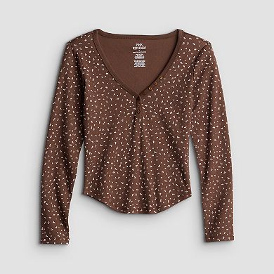 Juniors' Pink Republic Long Sleeve Pointelle Henley Top