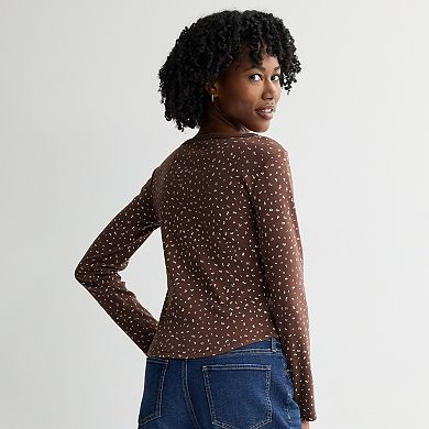 Juniors' Pink Republic Long Sleeve Pointelle Henley Top