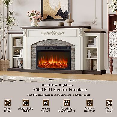 Farmhouse 80" Electric Fireplace Stacked Stone with Media Storage