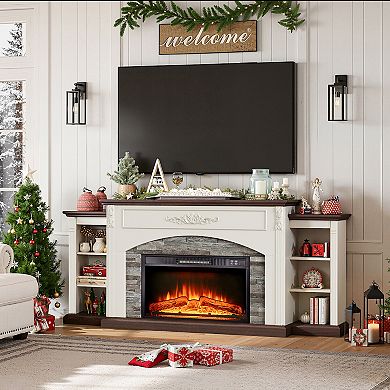 Farmhouse 80" Electric Fireplace Stacked Stone with Media Storage