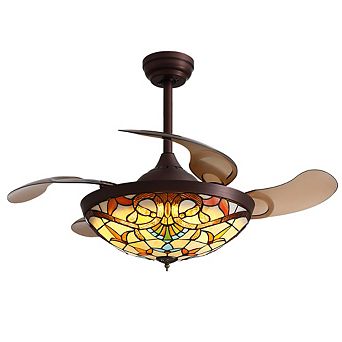 Moooni 42-Inch Tiffany Stained Glass Ceiling Fan with Light - Retractable, Remote Control