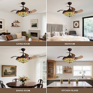 Moooni 42-Inch Tiffany Stained Glass Ceiling Fan with Light - Retractable, Remote Control