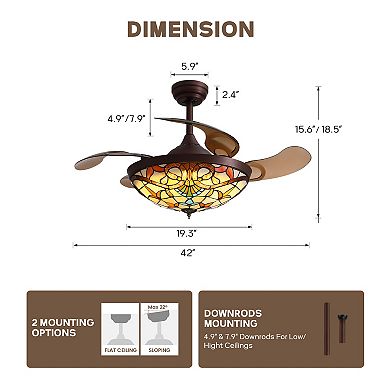 Moooni 42-Inch Tiffany Stained Glass Ceiling Fan with Light - Retractable, Remote Control