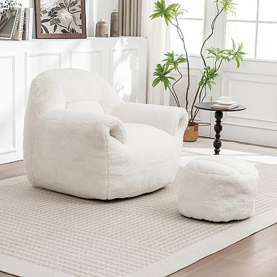GOODSILO Plush Faux Fur Bean Bag Sofa with Back Support and Matching Footstool for Living Spaces