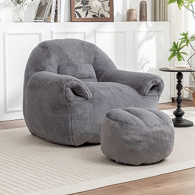 GOODSILO Plush Faux Fur Bean Bag Sofa with Back Support and Matching Footstool for Living Spaces