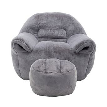 GOODSILO Plush Faux Fur Bean Bag Sofa with Back Support and Matching Footstool for Living Spaces