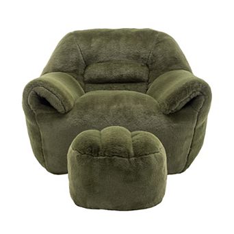 GOODSILO Plush Faux Fur Bean Bag Sofa with Back Support and Matching Footstool for Living Spaces