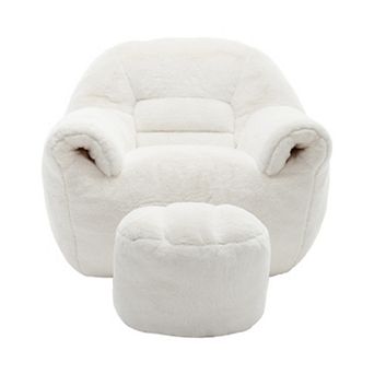 GOODSILO Plush Faux Fur Bean Bag Sofa with Back Support and Matching Footstool for Living Spaces