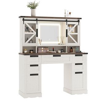 White Farmhouse Makeup Vanity with Sliding Cabinets, Lighted Mirror & Power Outlet