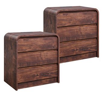 2 pc Modern 3-Drawer Nightstand with Charging Station, 25" Tall Wood Storage for Bedroom Living Room