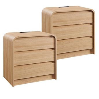 2 pc Modern 3-Drawer Nightstand with Charging Station, 25" Tall Wood Storage for Bedroom Living Room