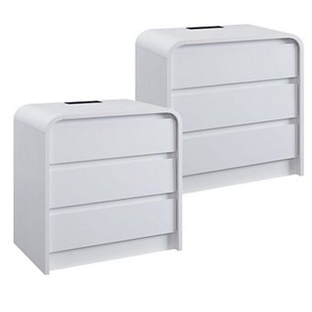 2 pc Modern 3-Drawer Nightstand with Charging Station, 25" Tall Wood Storage for Bedroom Living Room