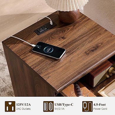18" Wooden Nightstand with Charging Station, Bedside Table w/ Drawer Storage, Open Shelf