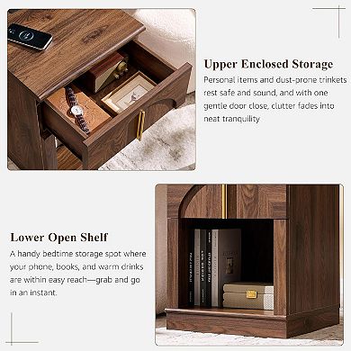 18" Wooden Nightstand with Charging Station, Bedside Table w/ Drawer Storage, Open Shelf