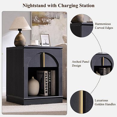 18" Wooden Nightstand with Charging Station, Bedside Table w/ Drawer Storage, Open Shelf
