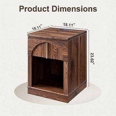 18" Wooden Nightstand with Charging Station, Bedside Table w/ Drawer Storage, Open Shelf