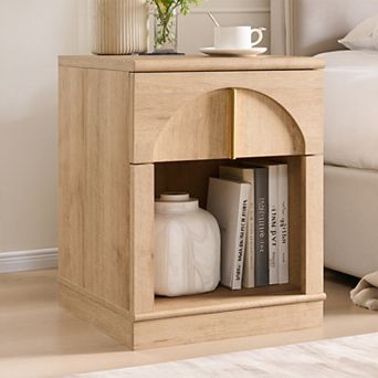 18" Wooden Nightstand with Charging Station, Bedside Table w/ Drawer Storage, Open Shelf