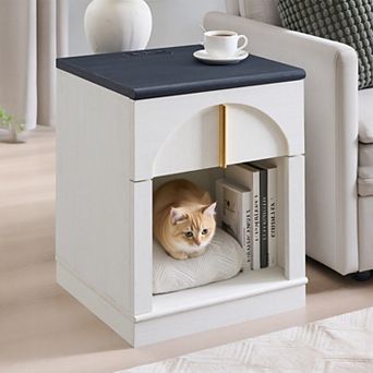 18" Wooden Nightstand with Charging Station, Bedside Table w/ Drawer Storage, Open Shelf