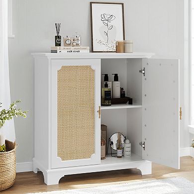 Sideboard Buffet with Rattan Decorated Doors, Kitchen Buffet Storage Cabinet for Living room, White