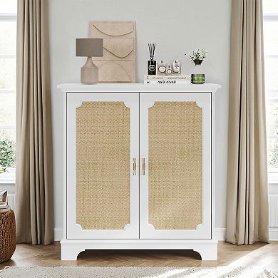 Sideboard Buffet with Rattan Decorated Doors, Kitchen Buffet Storage Cabinet for Living room, White