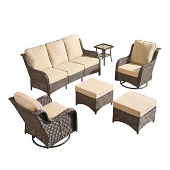 Ovios Patio 6 pc Set w/ Swivel Chairs & Ottomans, Gray/Brown PE Rattan w/ Cushions, Ergonomic Design