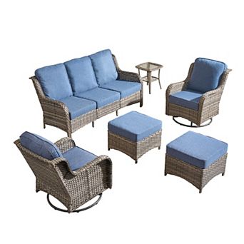 Ovios Patio 6 pc Set w/ Swivel Chairs & Ottomans, Gray/Brown PE Rattan w/ Cushions, Ergonomic Design