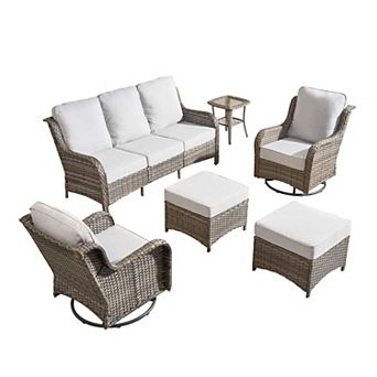 Ovios Patio 6 pc Set w/ Swivel Chairs & Ottomans, Gray/Brown PE Rattan w/ Cushions, Ergonomic Design