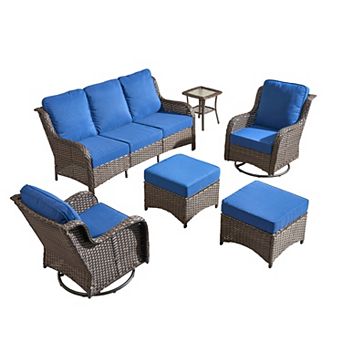 Ovios Patio 6 pc Set w/ Swivel Chairs & Ottomans, Gray/Brown PE Rattan w/ Cushions, Ergonomic Design