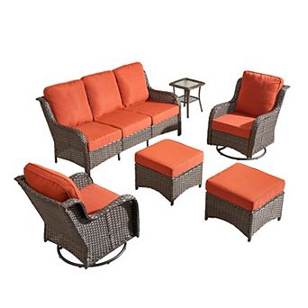 Ovios Patio 6 pc Set w/ Swivel Chairs & Ottomans, Gray/Brown PE Rattan w/ Cushions, Ergonomic Design
