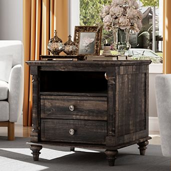 24" Farmhouse Nightstand with Charging Station, 2-Drawer, Wood Legs Sofa Side Table for Living Room