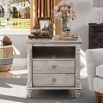 24" Farmhouse Nightstand with Charging Station, 2-Drawer, Wood Legs Sofa Side Table for Living Room