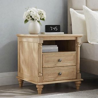 24" Farmhouse Nightstand with Charging Station, 2-Drawer, Wood Legs Sofa Side Table for Living Room