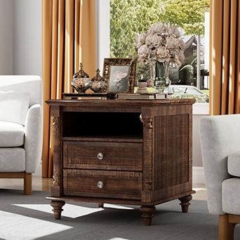 24" Farmhouse Nightstand with Charging Station, 2-Drawer, Wood Legs Sofa Side Table for Living Room