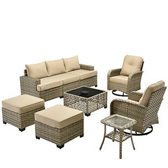 Ovios 9 pc Outdoor Rattan Sectional Sofa Set Collection, Swivel Chairs Set for Patio Relaxation