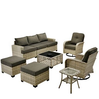 Ovios 9 pc Outdoor Rattan Sectional Sofa Set Collection, Swivel Chairs Set for Patio Relaxation