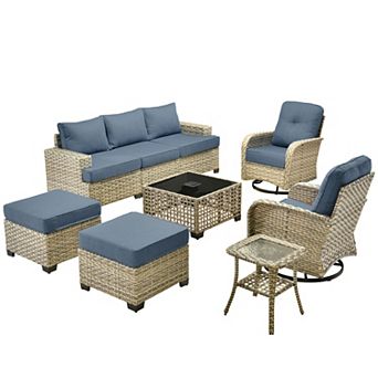 Ovios 9 pc Outdoor Rattan Sectional Sofa Set Collection, Swivel Chairs Set for Patio Relaxation