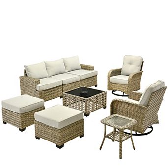 Ovios 9 pc Outdoor Rattan Sectional Sofa Set Collection, Swivel Chairs Set for Patio Relaxation