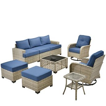 Ovios 9 pc Outdoor Rattan Sectional Sofa Set Collection, Swivel Chairs Set for Patio Relaxation