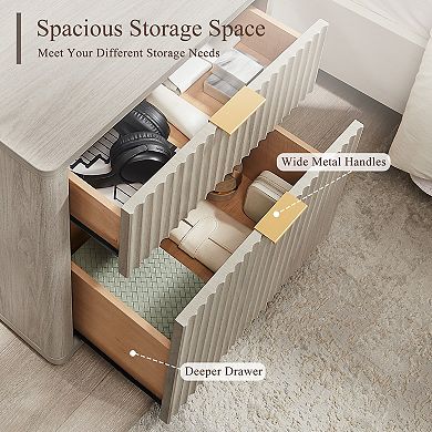 18" Fluted Nightstand with Charging Station, 2 Drawers, Modern Bedside Table for Bedroom Living Room