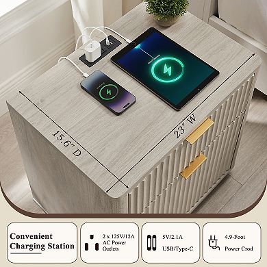 18" Fluted Nightstand with Charging Station, 2 Drawers, Modern Bedside Table for Bedroom Living Room